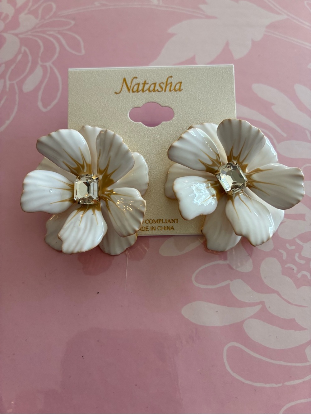 Natasha Couture White and Gold Flower Statement Earrings